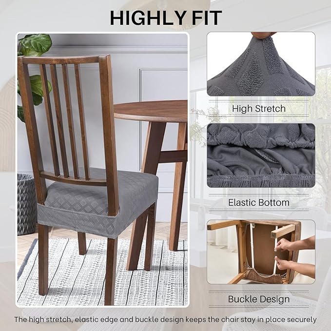 SearchI Stretch Dining Chair Seat Covers Set of 4, Soft Removable Washable Seat Covers for Dining Chairs, Dining Room Seat Cover Slipcover Protector (Rear-Covered, Grey Diamond Jacquards)