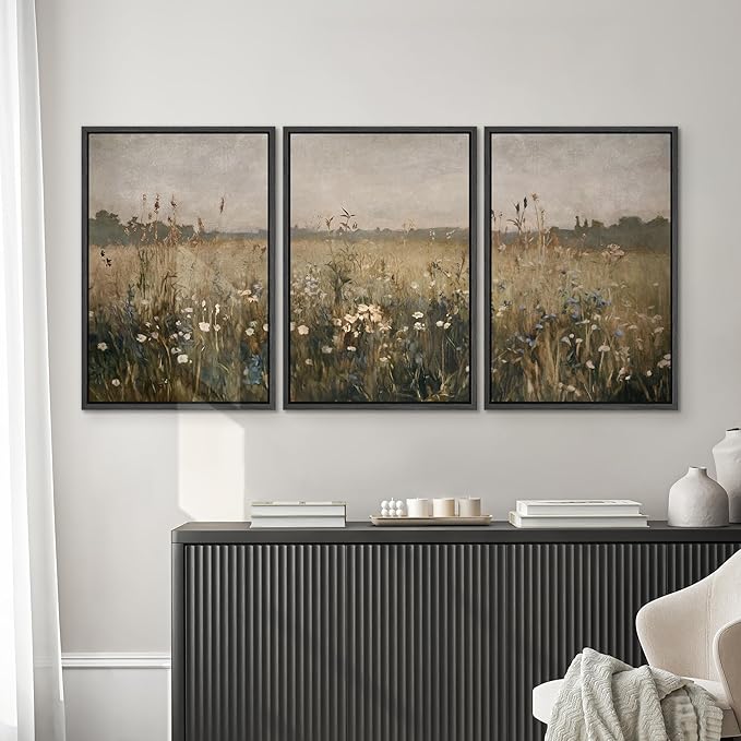 SIGNWIN Framed Canvas Print Wall Art Set Wildflower Meadow Rustic Floral Field Landscape Illustrations Modern Art Decorative Rustic Calm/Zen for Living Room, Bedroom, Office - 16"x24"x3 Black