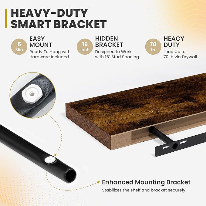 40 Inch Floating Shelves, 9.3" Deep Floating Shelf Wall Mounted, 40" Wall Shelves, Rustic Deep Bookshelf, Large Display Shelves & Storage Shelves for Bedroom, Living Room, Brown, Set of 2