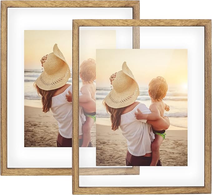 DLQuarts 11x14 Floating Photo Picture Frame, Floating Display for Photos 8x10, 7x9, 5x7, 8.5x11 Certificate, or Full Display for 11x14 Photos, Solid Wood, Double Glass, 2 Pack, Carbonized Brown