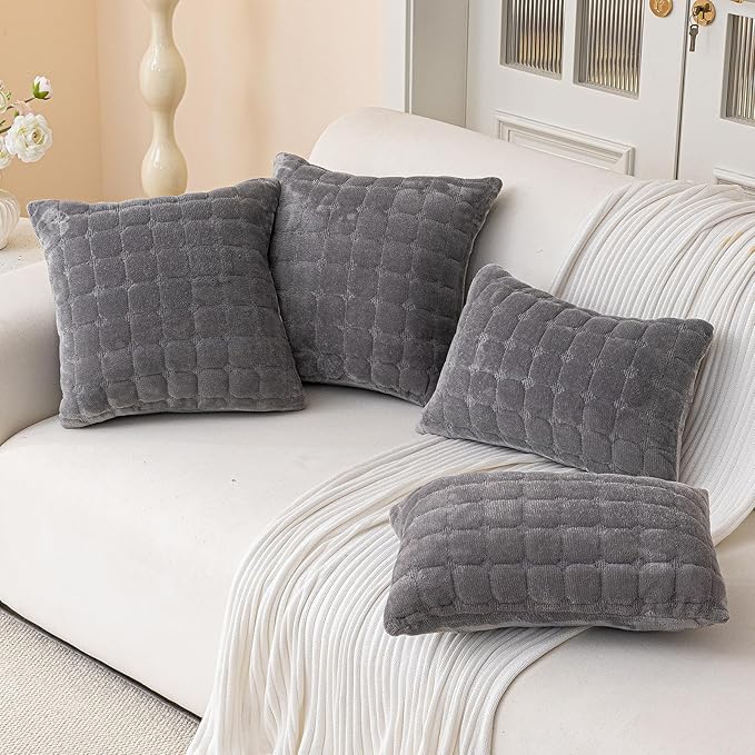 Velvet Throw Pillow Covers(Pack of Two, Dark Grey) 20×20 Inch Decorative Pillows Cover Neutral Soft Chenille Couch Pillows with Zipper Aesthetic for Living Room and Bedroom