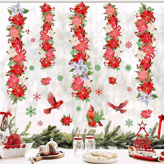 Christmas Wall Sticker Christmas Wall Decals Peel and Stick Double Sided Xmas Window Decal Indoor Art Murals Hanging Floral Cardinal Snowflakes Sticker for Door Holiday Home New Year Party Supplies