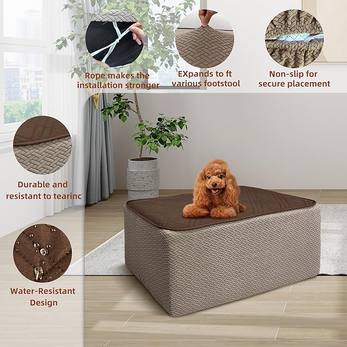 MEHIDFY Ottoman Cover, Waterproof Square Stool Slipcover, Quilted Stretch Furniture Protector, 28-32 Inches, Machine Washable (Brown, Large)