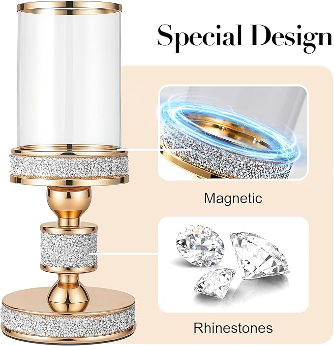 Pillar Candle Holder with Glass Wind Proof, Metal Hurricane Holders, Gold Crystal Candle Stand for Table Centerpieces, Home Decor, Wedding, Dining Table (S, 1PC, for Pillar Candles up to 3"x5")