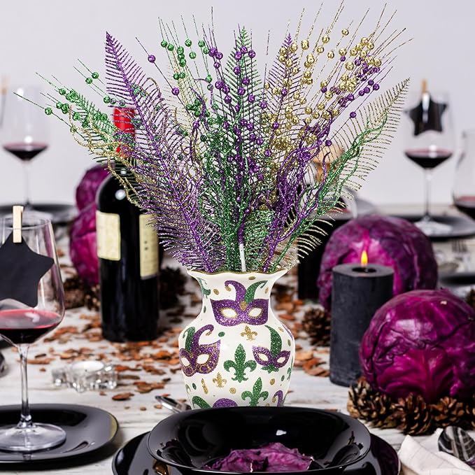 18 Pcs Mardi Gras Glitter Tree Picks Purple Gold Green Centerpiece Table Decor 17.7 Inch Mardi Gras Tree Topper Decor Branches Ornaments Carnival Decoration(Novelty)