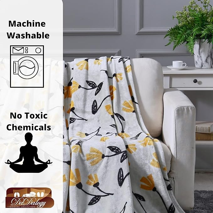 DaDa Bedding Floral Fleece Throw Blanket - Soft Faux Mink Flannel with Yellow Orange Tulips on Grey - Cozy & Elegant Home Decor - 63" x 90"