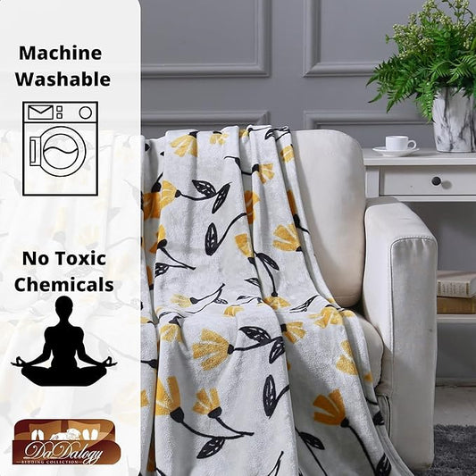 DaDa Bedding Floral Fleece Throw Blanket - Soft Faux Mink Flannel with Yellow Orange Tulips on Grey - Cozy & Elegant Home Decor - 90" x 90"
