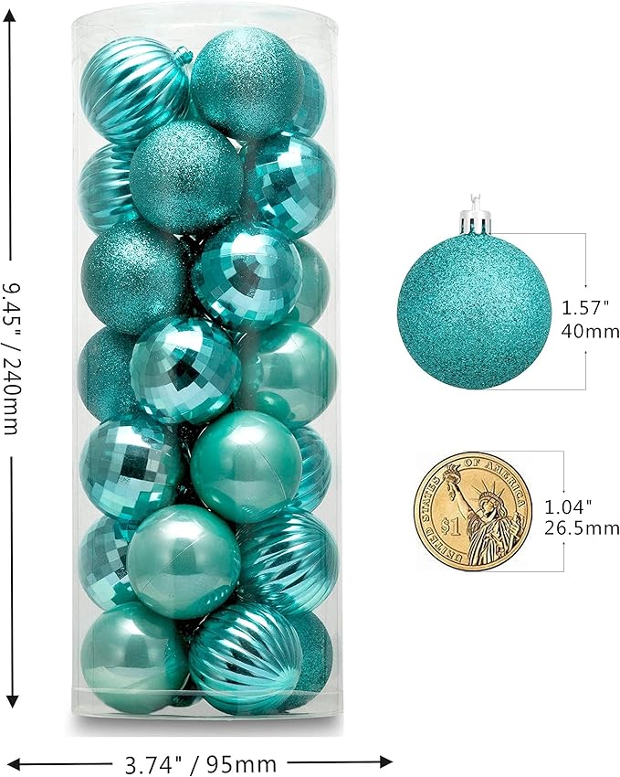 Small Size 28ct shatterproof Christmas Ball Ornaments in 4 Classic finishes for Christmas Tree Decoration (Turquoise Blue, 1.57“ Mini Size)