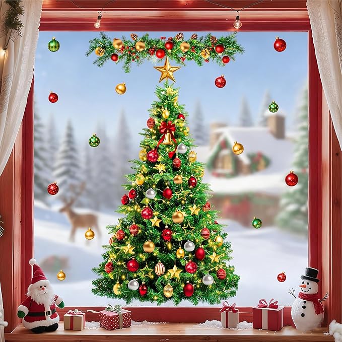 Large Christmas Tree Wall Decals Peel and Stick Merry Christmas Ornament Wall Stickers Removable Winter Tree Decals Xmas Trees Stickers Xmas Holiday Window Sticker for Party Decoration