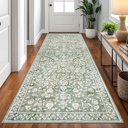 Vintage 3x8 Hallway Rug, Sage Green Beige Washable Hallway Runner Rug Non Slip, Super Soft Kitchen Runner Rug, Print Faux Wool Floral Thin Carpet Runner for Entryway Indoor Bedroom