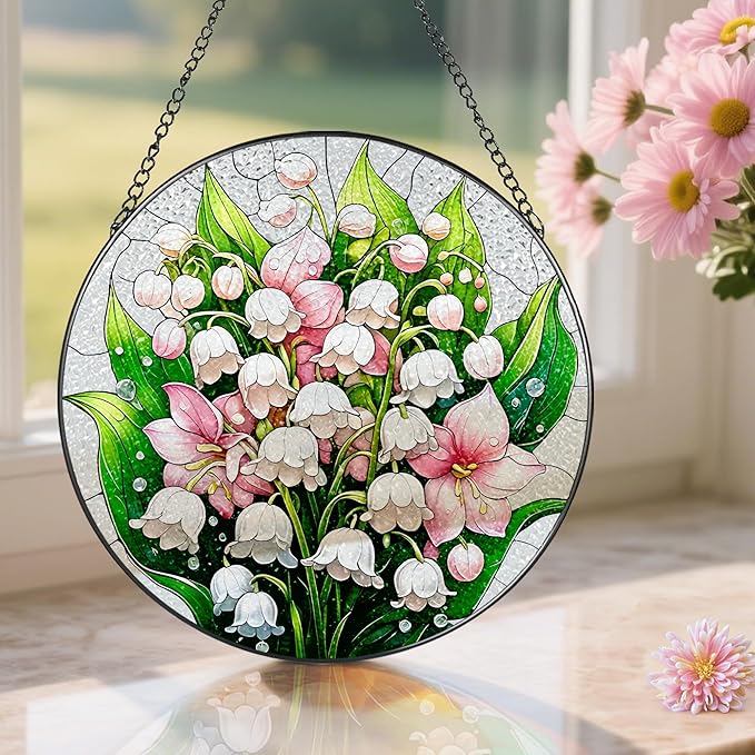 8-Inch Stained Glass Ornament, Stained Glass Window Hanging, Window Hanging Decor Suncatcher, The Valley Lily Flower Ornament | Holiday, Mother's Day, Birthday | Gifts for Flower Lovers, Mom & Grandma