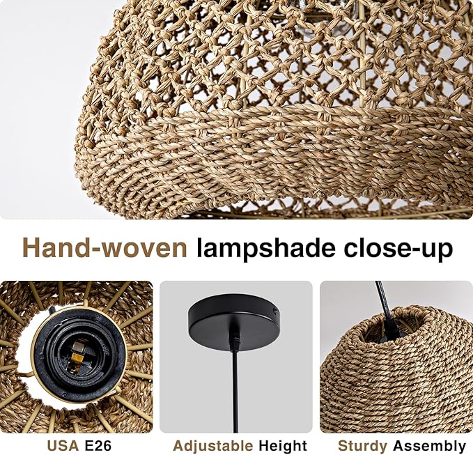Rattan Pendant Light,15" Rustic Hand-Woven Boho Wicker Hanging Light Water Plants Rattan Chandelier for Kitchen Farmhouse Dining Living Bedroom Gazebo
