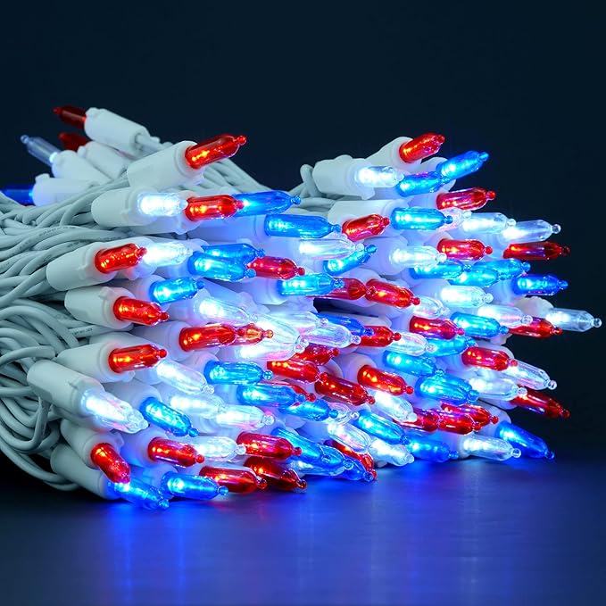 200 Count Red White and Blue LED Christmas Lights, 66 ft White Wire UL Certified Commercial Grade Holiday String Light Set (Red White & Blue)