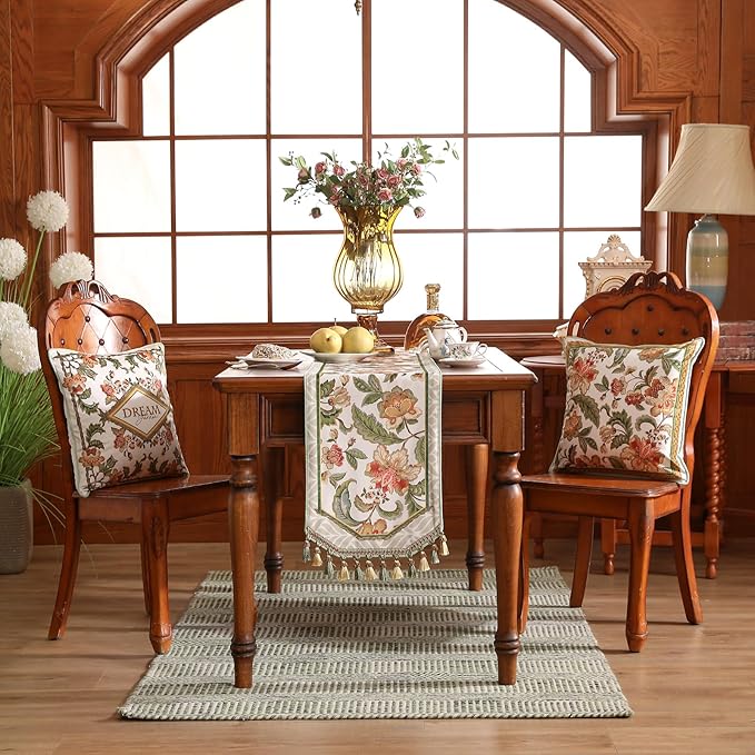 patdrea Designer Elegant French Floral Velvet Table Runner, Fresh Green with Orange Blossoms Pattern Table Mat, Decoration for Kitchen Dining Coffee Table Cabinet Banquet Thanksgiving,12"*102"