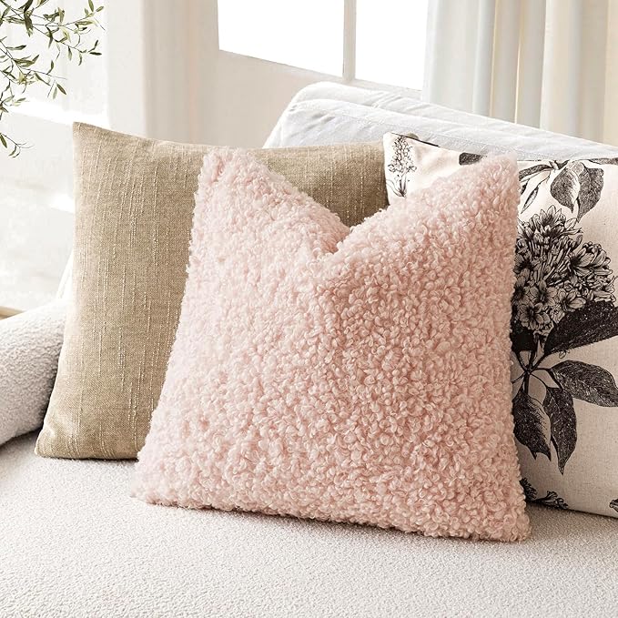 Foindtower 2 Pieces 24x24 Inch Light Pink, Faux Fur Throw Pillow Cover Accent Sherpa Furry Pillow Covers Fuzzy Soft Pillowcases Cozy Sheepskin Decorative Fleece Cushion Case for Bed Couch Living Room