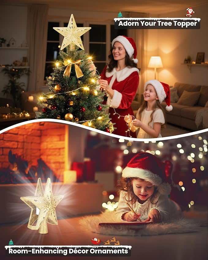 Christmas Tree Topper Star Lighted with 32.8ft Breathing Flickering String Lights & 6 LED Projection Modes, Gold Christmas Star Topper for Indoor Xmas Holiday Tree Decoration