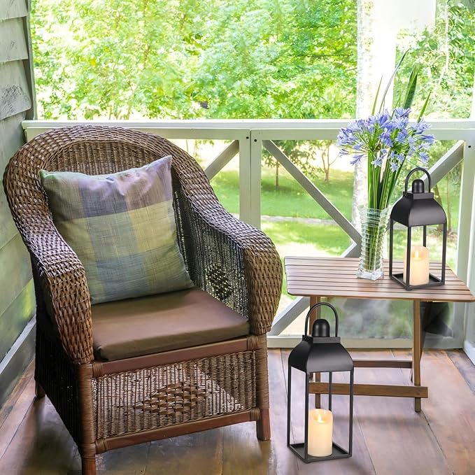 Lanterns Decorative Outdoor Indoor, Black Metal Outdoor Lanterns, 17'' 13'' Set of 2 Modern Farmhouse Candle Lantern Decor Rustic Lanterns Centerpieces for Patio, Front Porch, Mantel, Wedding