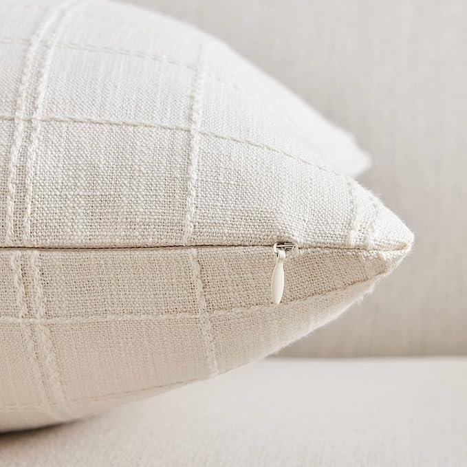 ZeeMart Linen Checked Throw Pillow Covers Set of 2, 22x22 Inch Allover Grid Ivory, Farmhouse Decorative Double Sided Grid Embroidered Couch Pillow Cases Off White Cotton Linen Cushion Covers