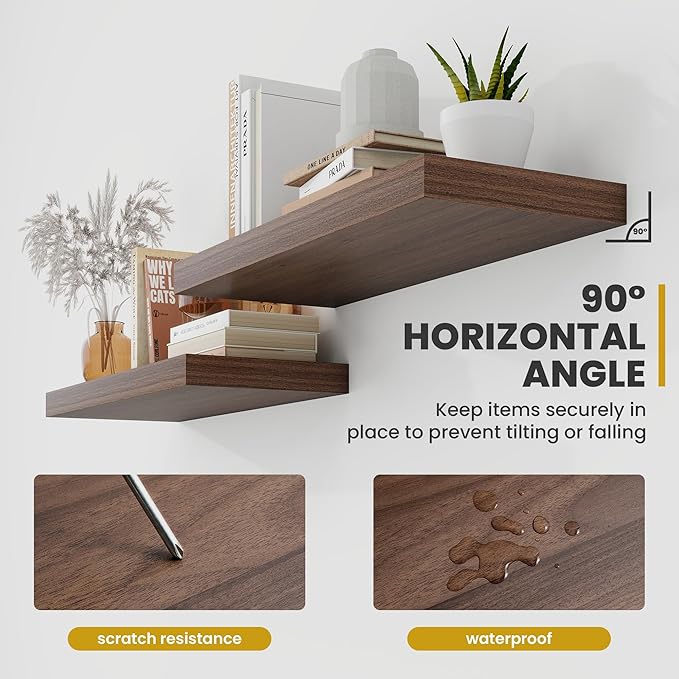 30 Inch Floating Shelves, 9.3" Deep Floating Shelf Wall Mounted, 30" Wall Shelves, Rustic Deep Bookshelf, Large Display Shelves & Storage Shelves for Bedroom, Living Room, Walnut, Set of 2