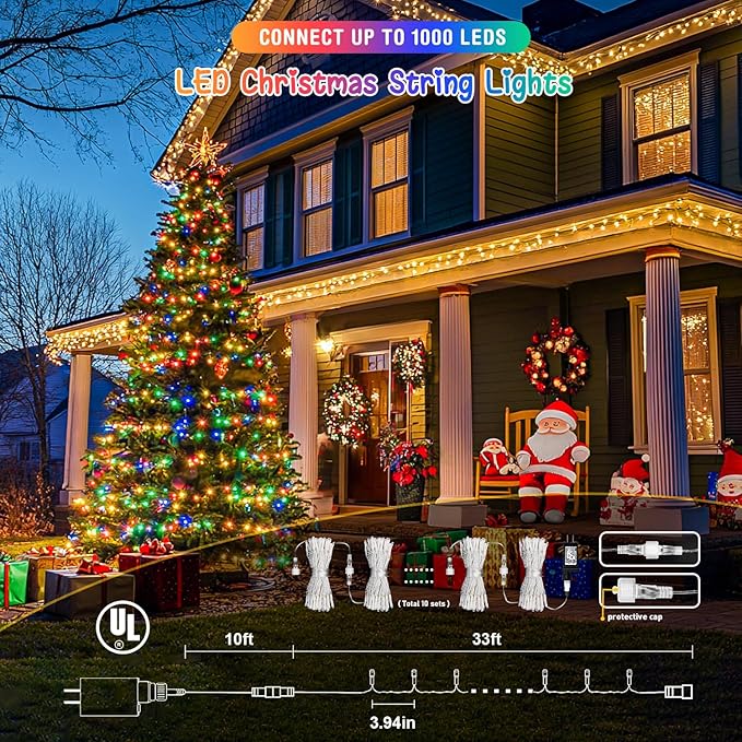 JMEXSUSS 2 Pack 100 LED Color Changing Christmas Lights, Connectable Warm White & Multicolor String Lights Outdoor Waterproof, Clear Wire Christmas Tree Lights Indoor for Xmas Bedroom Proch Decoration