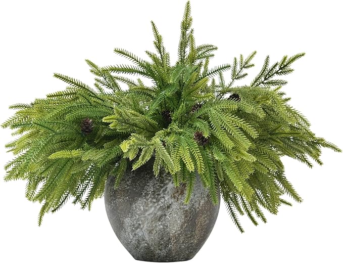 12 PCS Real Touch Christmas Norfolk Pine Stems Branches with 5PCS Pinecones, Soft Bendable Droopy Artificial Faux Pine Stems Picks Lifelike Greenery Stems for Vase Garland Wreath Table Home Decor