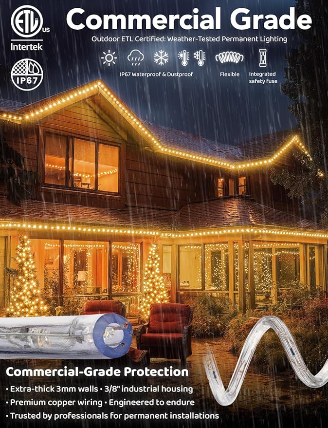 WYZworks 288LEDs, 25ft LED Outside Rope Lights, Waterproof Permanent Outdoor ETL Certified Connectable Clear Tube, Christmas Palm Tree Holiday Decorative Landscape Patio Accent Lighting - Warm White