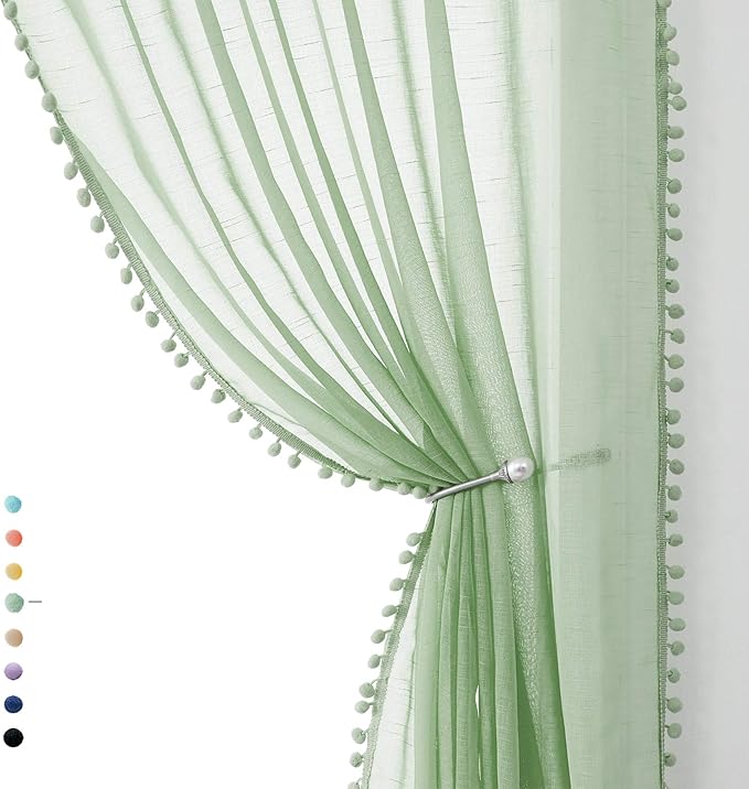 Treatmentex Pom-Pom Sheer Curtains for Living-Room Sage Green 84inch Slub Linen Textured Forest Sage Sheer Drapes for Birthday Party Décor 52" w, 2 Panels Rod Pocket