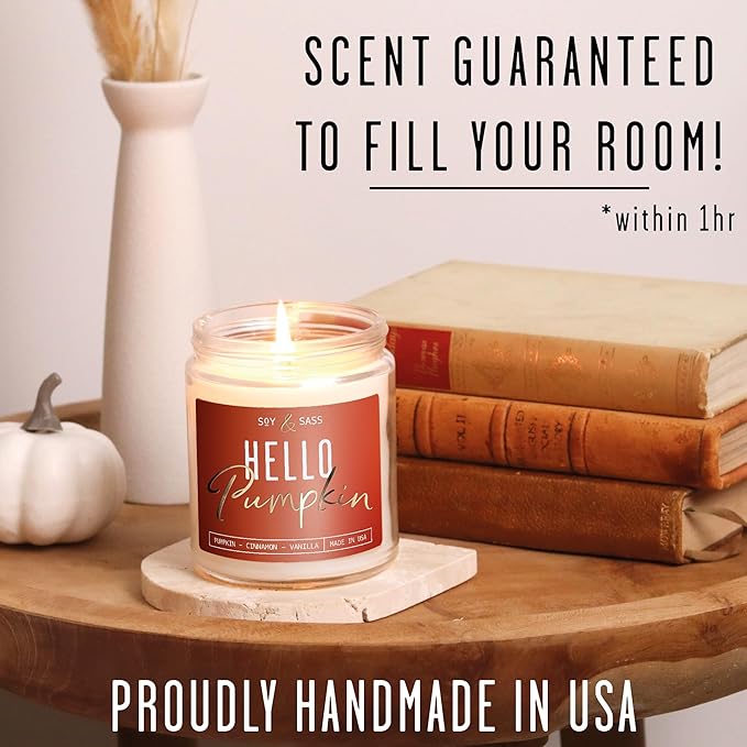 Pumpkin Spice Candle, Fall Candles - 'Hello Pumpkin' Pumpkin Candle I Infused w/Essential Oils I Autumn Scented Soy Candles for Home I Fall Home Décor I 9oz Reusable Jar, 50Hr Burn, Made in USA