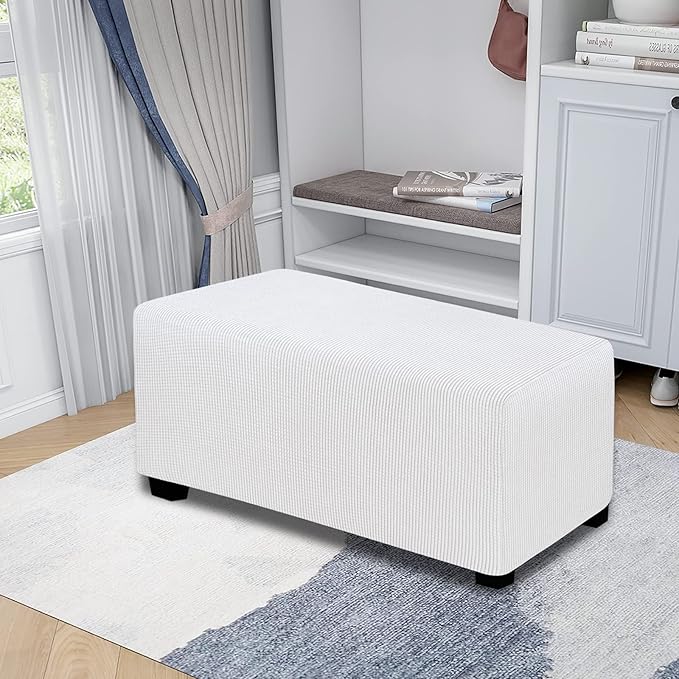 Easy-Going Stretch Ottoman Cover Folding Storage Stool Furniture Protector Rectangle slipcover Elastic Bottom (Ottoman Large,Snow White)