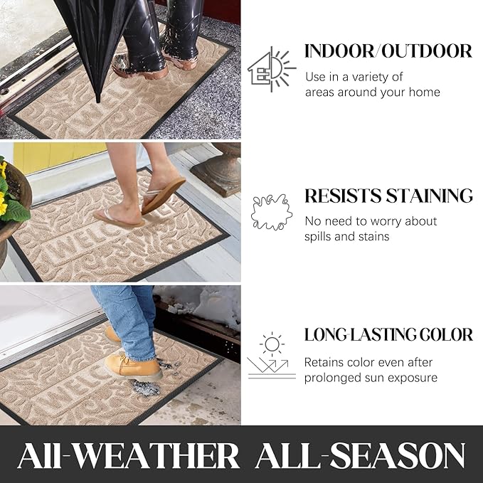 Yimobra Large Welcome Mat 60x36, Waterproof Non-Slip Outdoor Mats for Front Door Outside Entrance, Low-Profile Entryway Mat Indoor for Garage Patio, Beige