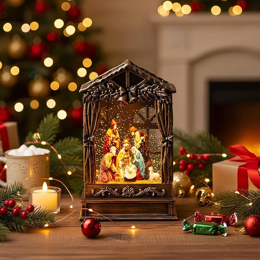 Three Kings Three Saints Window Christmas Snow Globe Swirling Glittering Nativity Figurines Manger Scene, USB Lined/Battery Operated Lighted Water Lantern for Christmas Festival Decoration Gifts