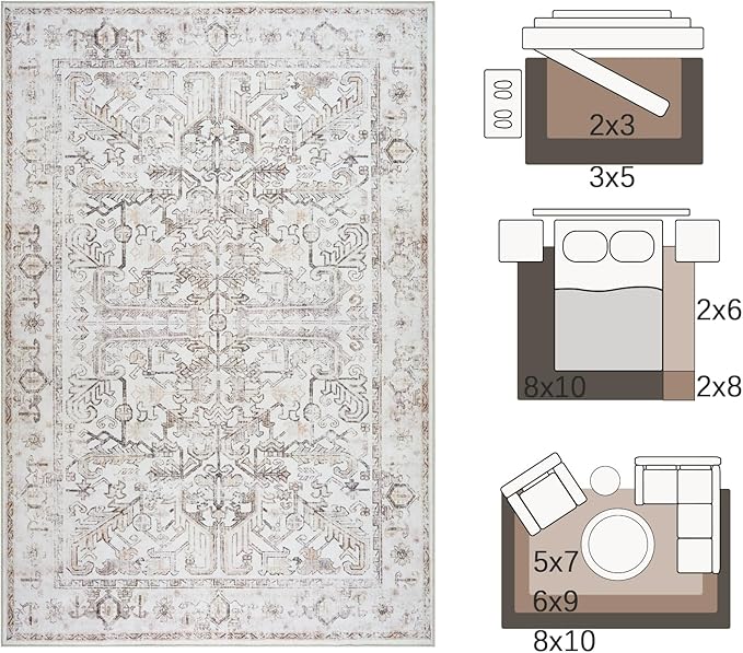 jinchan Lima 2x3 Washable Rug for Entryway - Vintage Floral Ultra-Thin Low Pile Soft Small Non Slip Distressed Indoor Door mat Accent Area Rug for Entrance Kitchen Bathroom Bedroom (2x3ft, Taupe)