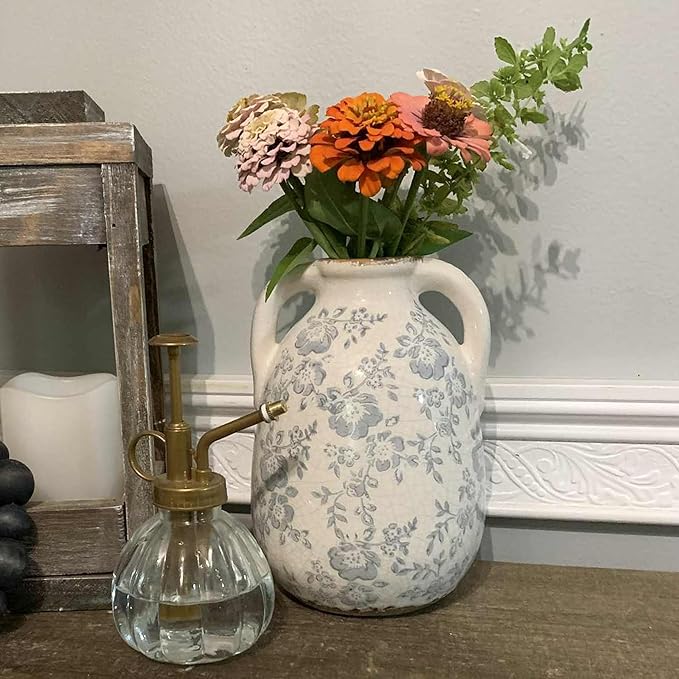 Vintage Chinoiserie Blue and White Ceramic Vases Decor 7” Retro Ice Crackle Hand-Painted Peony Ceramic Pitcher Antique Style Home Decor (7.5 Inch Blue and White)