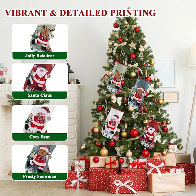 Christmas Stockings Personalized 4 Pack - Customized Small Xmas Stockings Bulk with Reindeer, Santa Claus, Snowman, Bear for Christmas Home Decorations, Set of 4