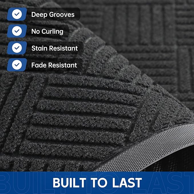 Durable Indoor Outdoor Door Mat, 3' x 5' Heavy Duty Front Door Mat for Entryway, Non-Slip Backing, Stain and Fade Resistant, Absorbent Commercial Floor Mat for High Traffic Area, Black