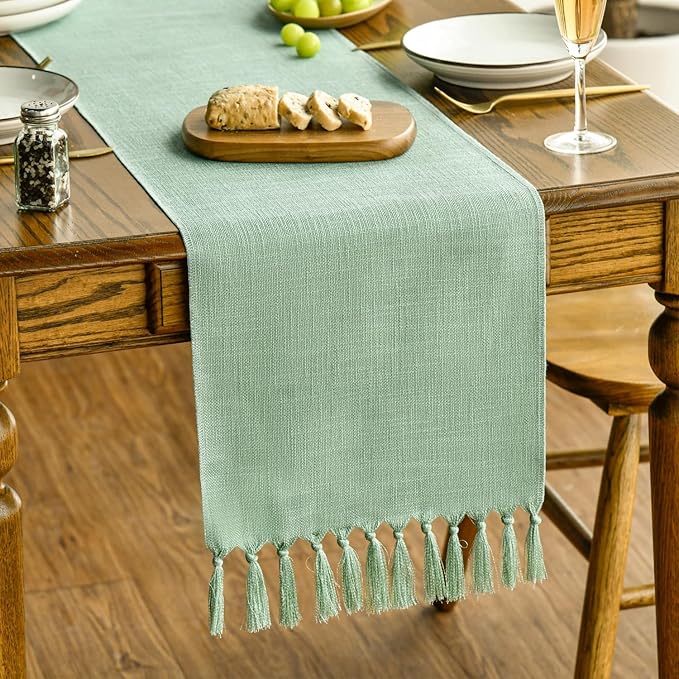 Artoid Mode Sage Green Tassel Table Runner, Spring Linen Blend Kitchen Table Decoration Holiday Wedding Birthday Party Dinning Decor 13x90 Inch