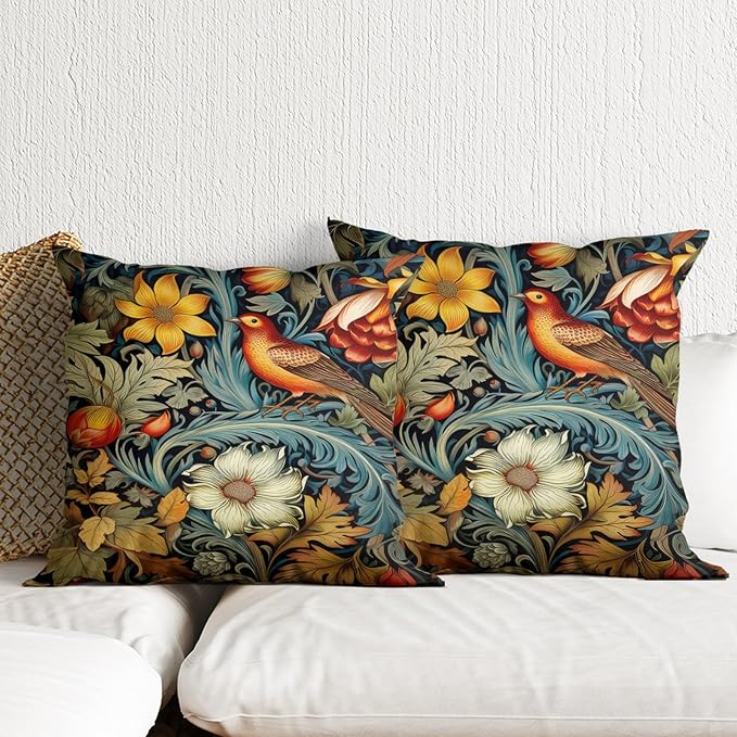 William Morris Pillow Covers 18x18 Inch Vintage Bird Floral Pillow Protectors with Zipper Standard Size Moody Botanical Dark Academia Pillowcases Midcentury Modern Bed Pillow Covers Set of 2