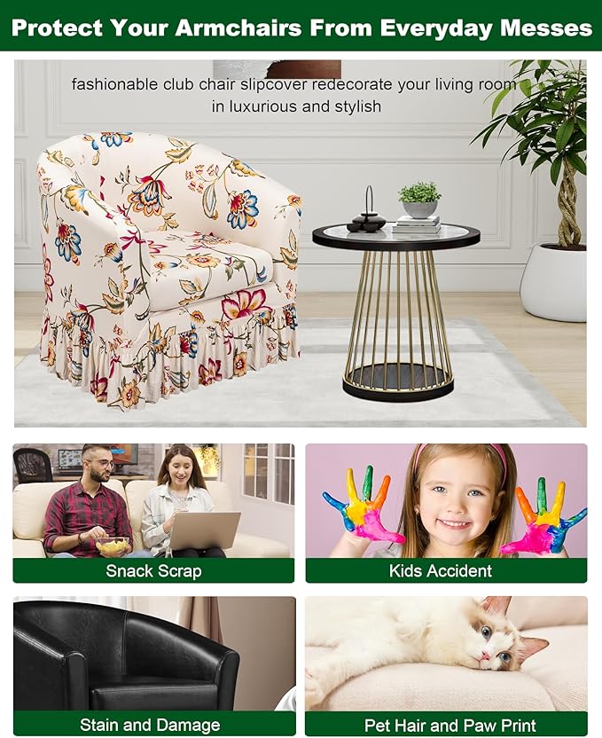 CRFATOP 2 Piece Club Chair Slipcover with Skirt Printed Tub Armchair Covers with Seat Cushion Cover Soft Printed Round Barrel Furniture Protector for Bar Counter Living Room,C10