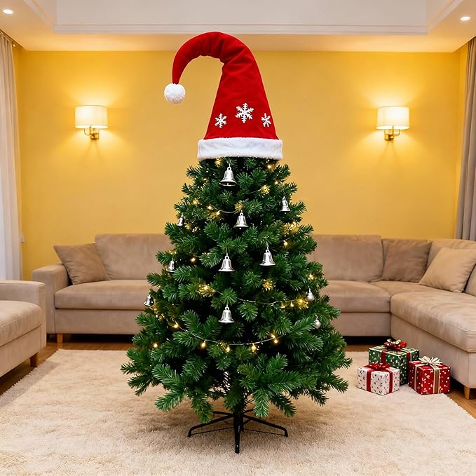 EssenceHome Giant Red White Snowflake Fabric Christmas Tree Topper Hat, Classic Indoor Outdoor Santa Hat Tree Decoration for Holiday Season, 2.4ft x 2.8ft
