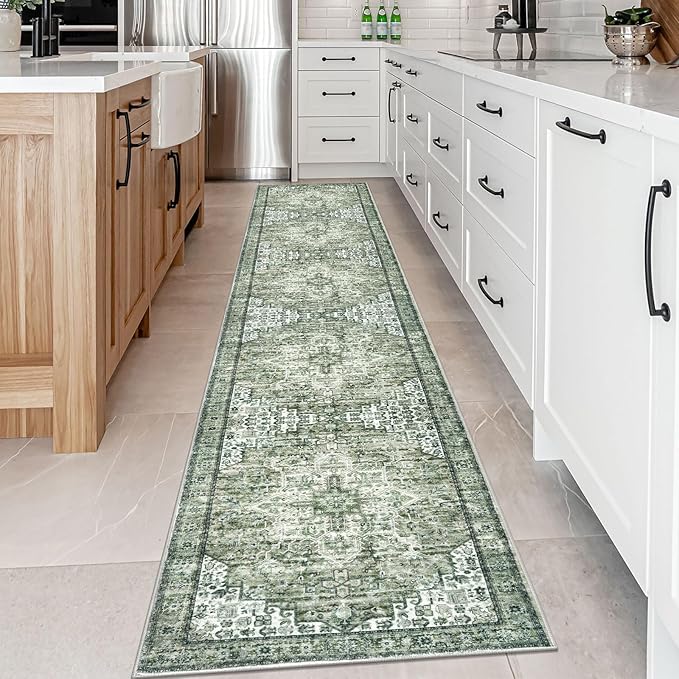 2.6x14 Washable Rug for Entryway, Green Soft Printed Area Rug, Non-Slip Kitchen Rugs, Low-Pile Medallion Indoor Door Mat, Small Farmhouse Carpet for Entrance Kitchen Foyer Bedside