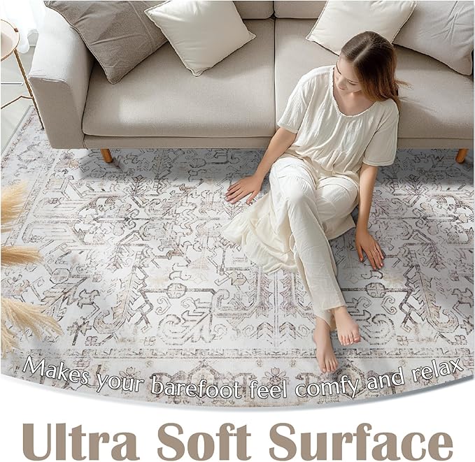 jinchan Lima Hallway Runner Rug 2x10 Washable - Vintage Floral Non Slip Low-Pile Soft Ultra-Thin Faux Wool Kitchen Rug Distressed Carpet Runner for Farmhouse Bedroom Laundry (2x10ft, Taupe)