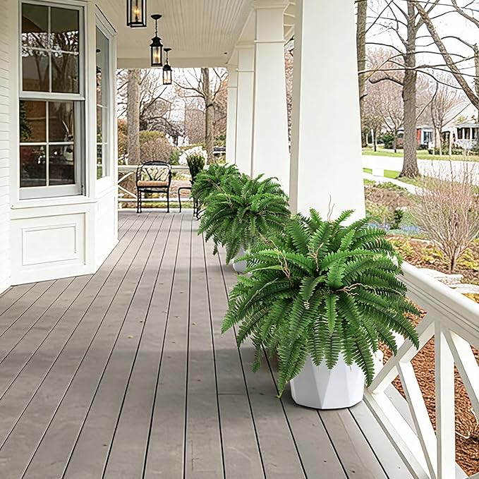 42” Artificial Boston Fern Bush Plant, 2 Faux Ferns for Outdoors Large, Fake Ferns Realistic Artificial Plants with 65 Fronds for Garden Porch Patio Home Office Living Room Decor Green