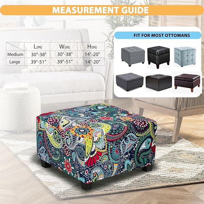 Ottoman Cover Square Slipcovers Printed,Stretch Footrest Stool Cover for Ottoman Square,Soft Foot Stool Cover Protector with Nonslip Elastic Bottom (Medium,Navy&Green)