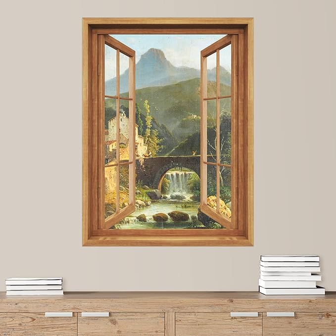 SIGNWIN Removable Wall Sticker/Wall Mural Window View Vintage European Bridge Mountain Nature Wilderness Fine Art Rustic Decorative Landscape Digital Art for Living Room, Bedroom, Office - 36"x48"