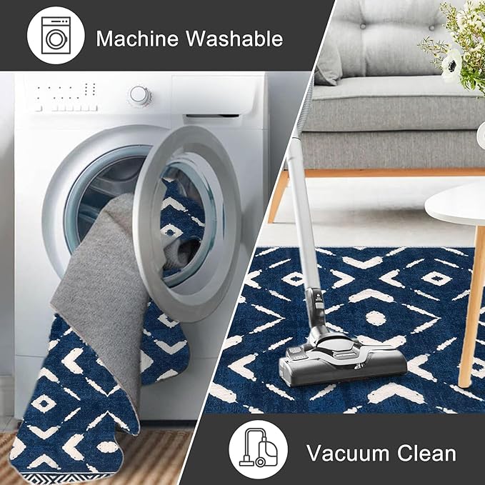 KILOCOCO Kitchen Runner Rug Washable Runner Rug Soft Hallway Runners Non Slip Printed Distressed Laundry Room Rugs, Low-Pile Runners for Entryway/Bedroom/Kitchen/Living Room, 2x5 Blue