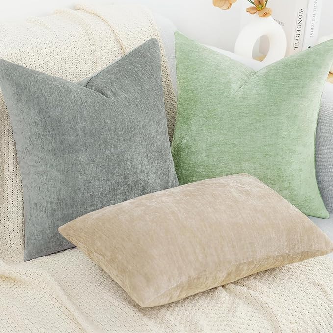 decorUhome Chenille Beige Christmas Throw Pillow Covers 24x24 Inch Set of 2, Decorative Soft Couch Pillow Covers Solid Dyed Accent Farmhouse Neutral Square Pillow Cases for Sofa