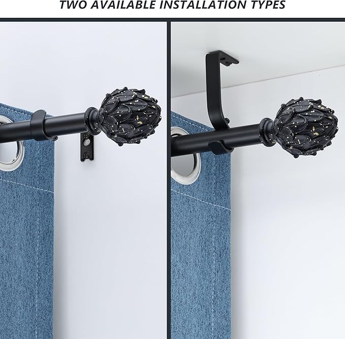 Curtain Rods for Windows 48 to 84 Inches 1 Inch Diameter Adjustable Drapery Rod Decorative Single Window Curtain Rods with Classic Finials,Black