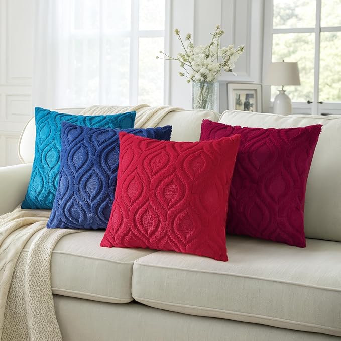 decorUhome Christmas Throw Pillow Covers 18x18 Inch Set of 2, Soft Plush Faux Wool Burgundy Solid Couch Pillow Covers, Accent Farmhouse Neutral Square Pillow Cases for Sofa Bed Living Room
