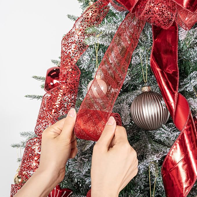 Red Metallic Glitter Topper Bow for Christmas Tree 11 Inch Topper Bow with 6 Ribbons 3 Yards Long Each Tails Christmas Tree Ribbon Bows Elegant Holiday Decor