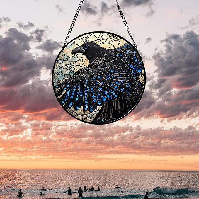 Stained Glass Window Hanging - Black Crow Big Wings Suncatcher for Doors Garden Patio Bird Sun Catchers Decor Christmas Mother's Day Birthday Gifts for Women Men Mom Nana Friend 11.8 in